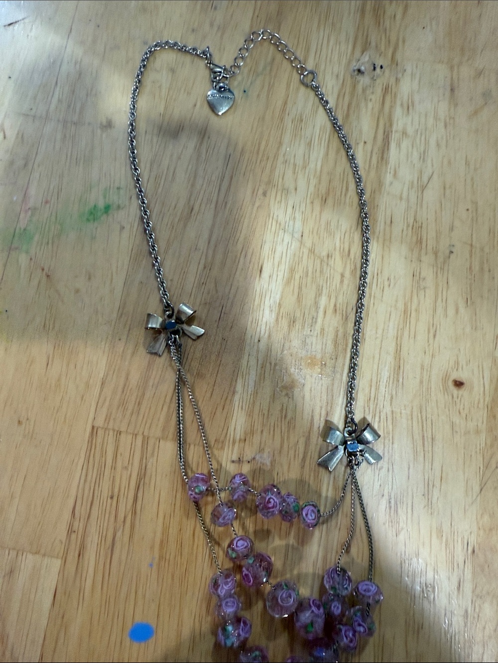 Betsey Johnson Silver-Tone Necklace with Pink Rose Beads and Bow Accents